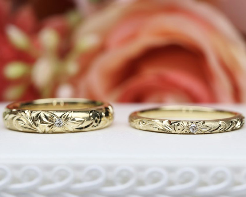 結婚指輪（彫金工法）ダイヤモンドつや消しドイツ留め鏡面